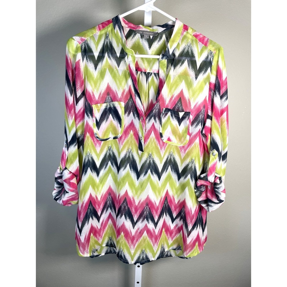 NY‎ Collection Women's Career Blouse Medium Roll Tab Sleeves Colorful Rave Top